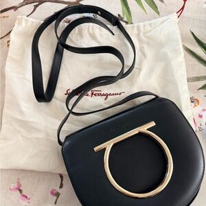 Salvatore Ferragamo Black Leather Crossbody with Gold Gancini Ring